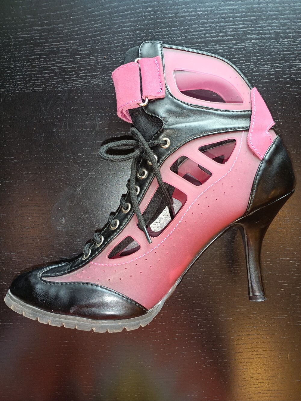 Pink and Black Cutout Lace-Up High Heel Ankle Boot By SodaSize 10 Retro Vintage